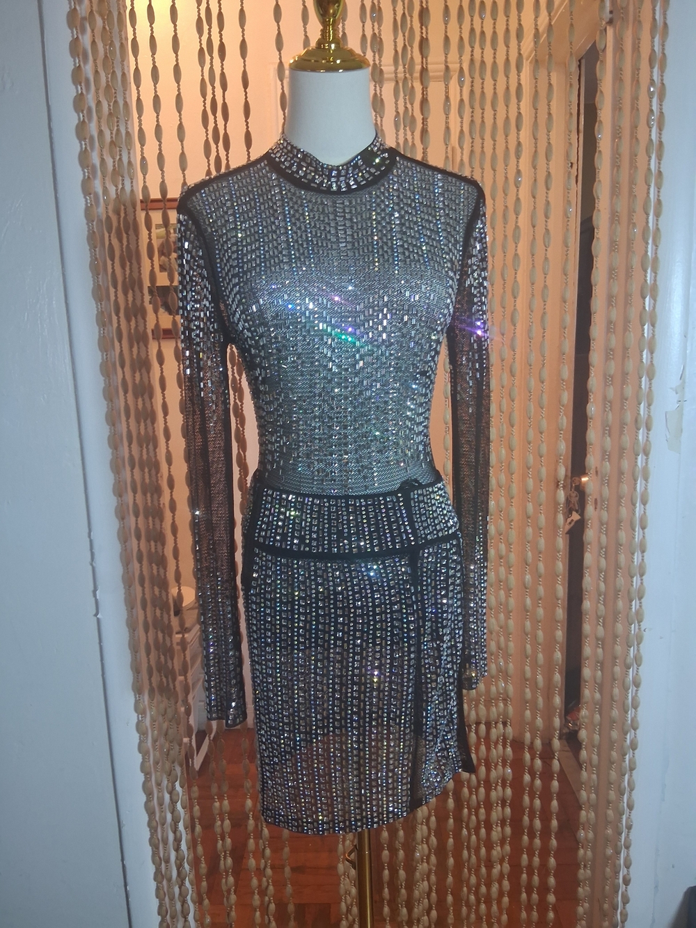 Banjul Silver Sequin Long-Sleeve Sheer Panel Dress